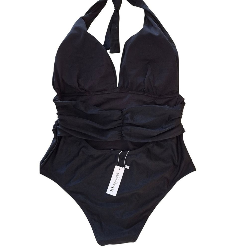 MarinaVida Swimsuit XL Women Black NEW Ruched‎ Halter Shimmer One Piece
